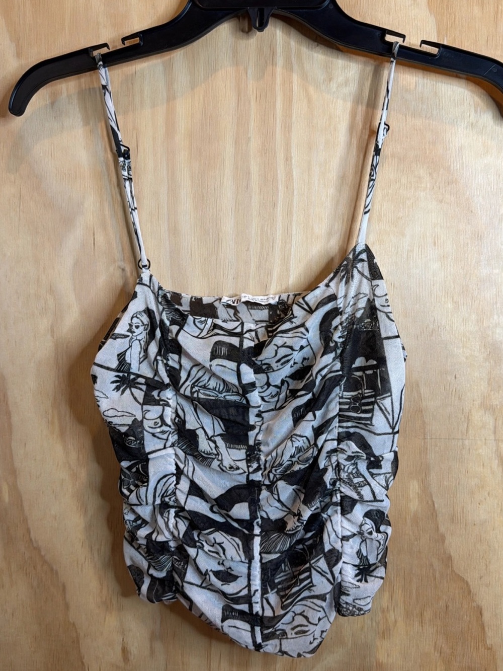 Women’s Black & White Printed Ruched Cowl Neck Tank Top